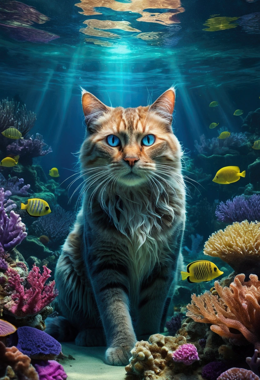 masterpiece,top-quality,Big underwater cat,Deep sea scenery,Beautiful detailed eyes,Ultra-detailed fur,Floating seaweed,dreamy colors,Soft lighting,hight resolution,nffsw,Ethereal scene in the water,Marine life,Mysterious atmosphere,Tranquility and peace,Underwater coral reefs,Sunlight penetrating the surface of the water,Onylic Landscape,Dreamy underwater journey,Bright blue tones,Magical creatures,peaceful expression