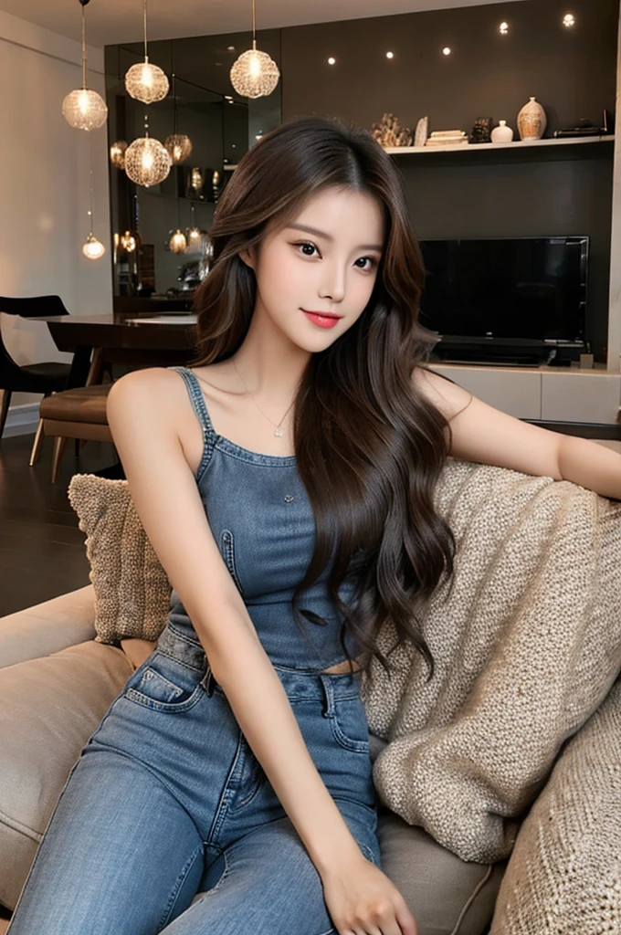 Generate an image of a stunning 20-year-old Asian woman with beauty akin to a goddess of the fire element. She has big brown eyes, dark brown hair, glowing skin, and an attractive appearance. She is wearing a beautiful top paired with blue skinny jeans. The woman is sitting sweetly on a living room sofa, her posture relaxed and inviting, surrounded by cozy and elegant decor.