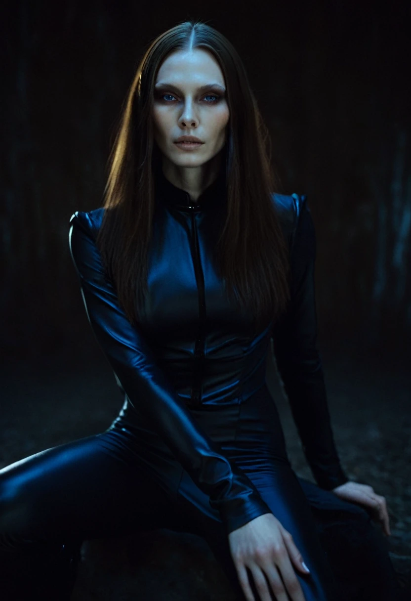 Fashionable of androgynous alien looking witch, glowing eyes, beautiful evil slavic muscular woman, pale skin, long hair, futuristic design, minimal details, givenchy, photoreal, 200mm, hd, f/ 2.0, highly detailed, surreal, sitting, light smile, simple black stylish clothes, a slight smiledrop dead, in the style of red and blue, (intricate details, hyperdetailed:1.15) (skin texture:1.2), cinematic, professional, 4k, (((dynamic model pose))), sitting, full body, mesmerizing, dynamic, dramatic, dynamic pose, highly detailed skin with hair, subcutaneous veins, light and shadow play, highly detailed,24mm photograph, bokeh, professional, 4k,