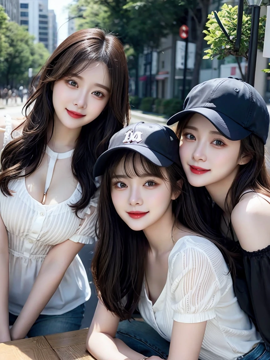 (3 girls),table top, best quality, illustration, very detailed, exquisite details, high resolution, 8k wallpaper, Perfect dynamic composition, Beautifully detailed eyes, wear a dress,medium hair, middle of chest, natural lip color, Random and sexy poses,smile,Aoyama Road Promenade、20 year old girl, jeans, The clothes are very seductive and hot., baseball cap