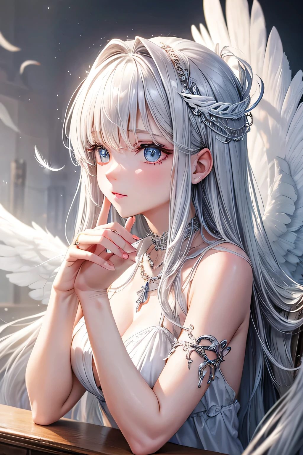 beautiful girl,Silver Hair,Angel,White Feather,Angel Ring,16K,I can't see my hands