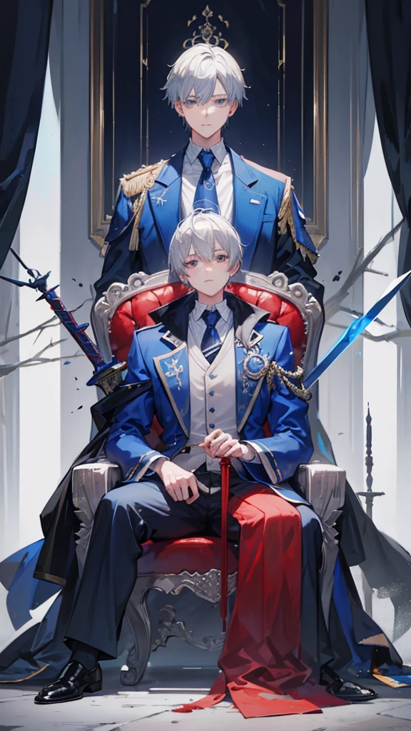 Create a tall gray haired boy looking forward with a scar wearing a blue jacket and sitting on a throne holding a red sword