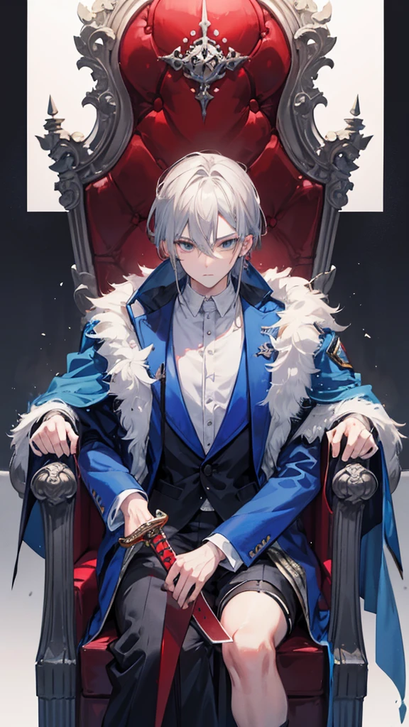 Create a tall gray haired boy looking forward with a scar wearing a blue jacket and sitting on a throne holding a red sword 