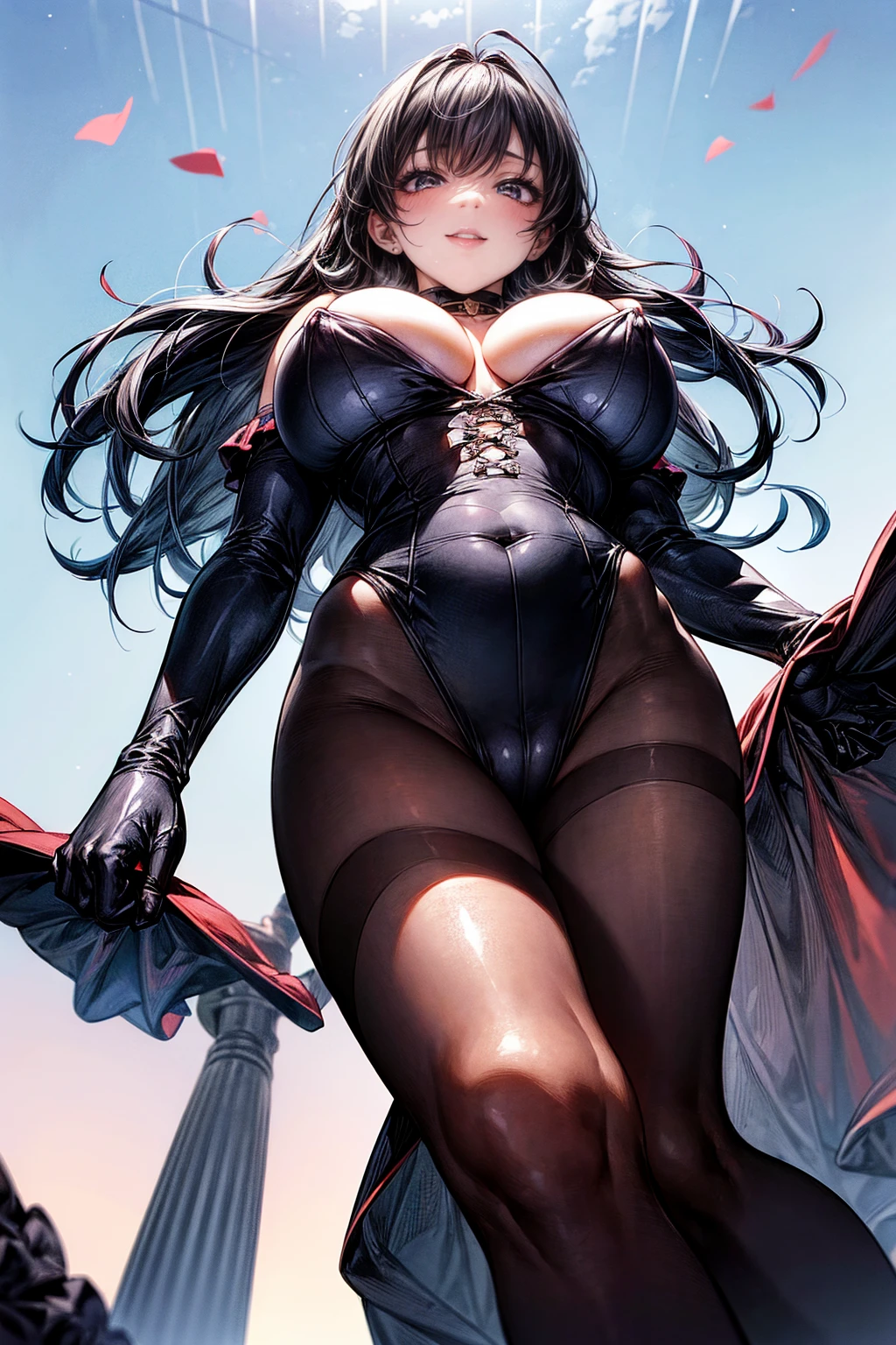 (Super big breasts:1.5)、Abusive smile、View Viewer、(Looking up from below:2)、（Raise your right leg:1.5）、Bend the right knee、（Show the heel of your high heel to the viewer:2)、High-leg bondage、Plain black stockings、Enameled knee-high socks、Enamel Long Gloves、Ultra glossy、Shiny skin、Detailed picture、girl、25-year-old woman、Crotch line、Love juice、Erect nipples、Big nipple piercings、choker