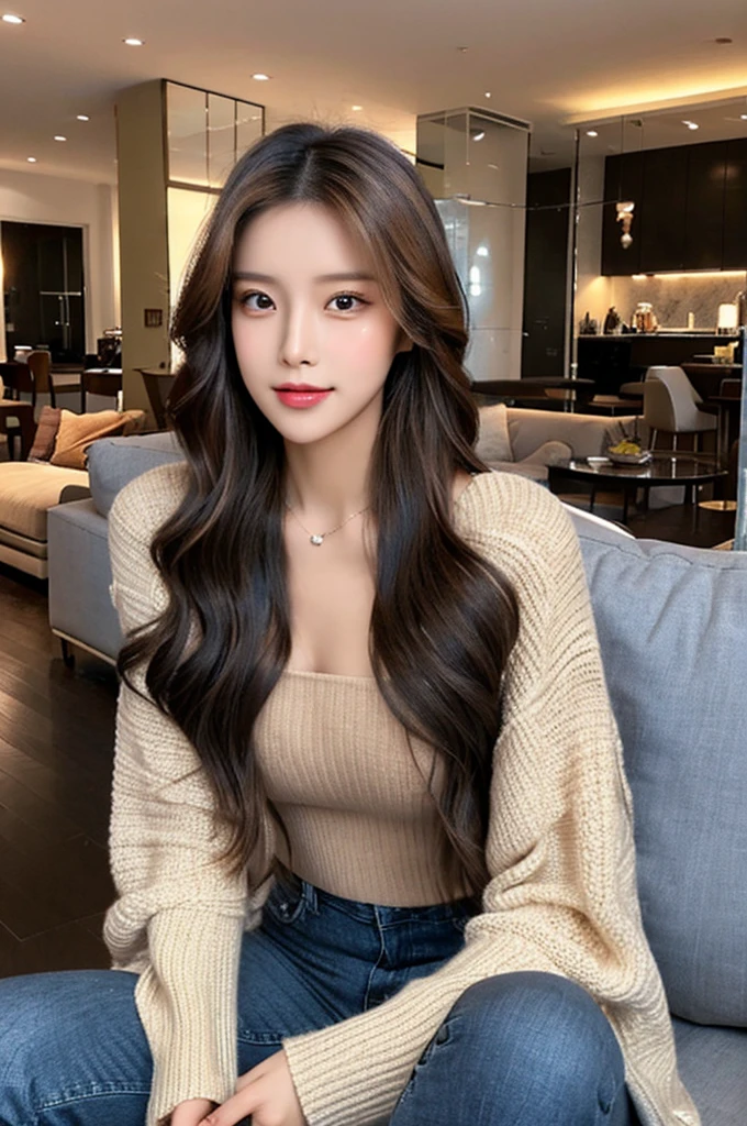 Generate an image of a stunning 20-year-old Asian woman with beauty akin to a goddess of the fire element. She has big brown eyes, dark brown hair, glowing skin, and an attractive appearance. She is wearing a beautiful top paired with blue skinny jeans. The woman is sitting sweetly on a living room sofa, her posture relaxed and inviting, surrounded by cozy and elegant decor.