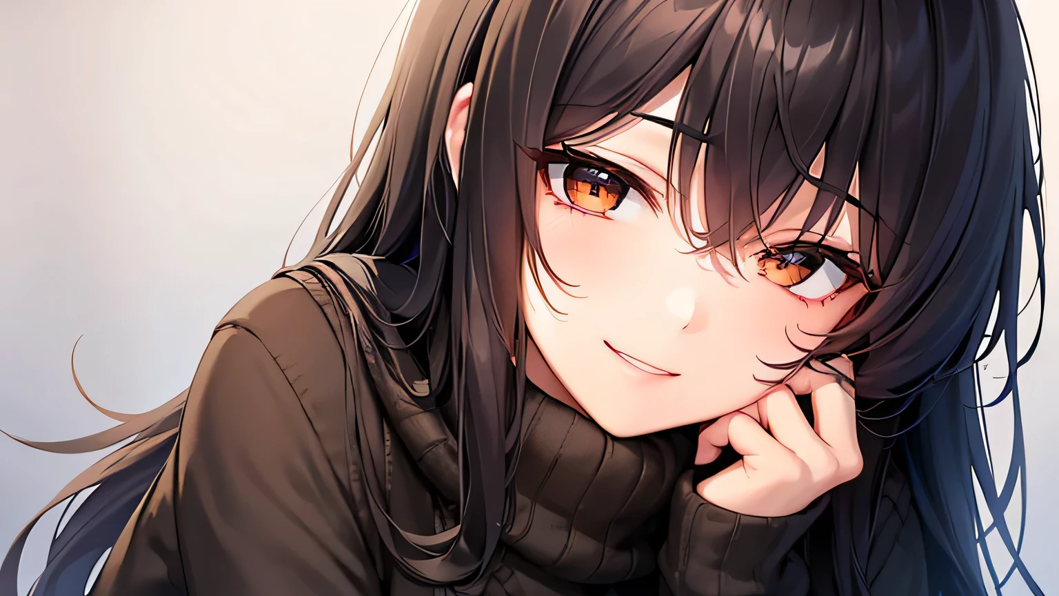 Create a detailed illustration of a woman with long, layered black hair and dark brown eyes. She is wearing a cardigan that is a mix of gray and black. The woman is smiling warmly and looking straight ahead. She is posed with her right hand cradling her face, creating a thoughtful and friendly expression. Ensure that the textures and colors of her hair and cardigan are realistic, and that her cheerful demeanor is captured well. Keep the background simple and unobtrusive to maintain the focus on her features and pose.