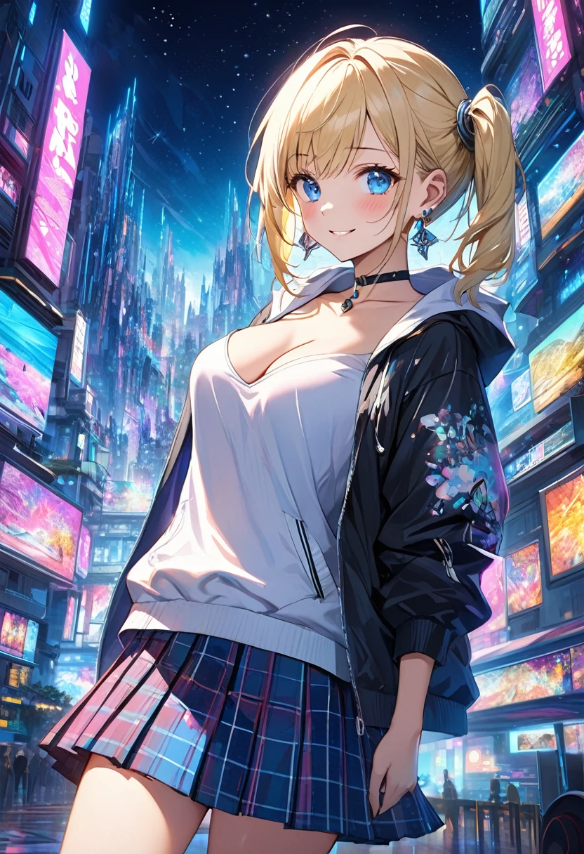 Absurd,High resolution,Highest quality,(One Girl),Tabletop,(Abstract art:1.4),(Psychedelic Theme:1.6),(Nostalgic scenery:1.4)(Cyber City:1.3),(Near future city:1.3),Ultra-detailed,Bright colors,Anime Face,Very beautiful face and eyes,Mischievous Smile,(Blonde:1.4),(Short low twin tail ),(Open hoodie),(Cleavage),Blushing,(blue eyes:1.3),Late at night,(Starry Sky),Building lighting,choker,Small earrings,(Tartan plaid pleated skirt),Night Sky,(Futuristic landscape),Cinema Lighting,FXAA,