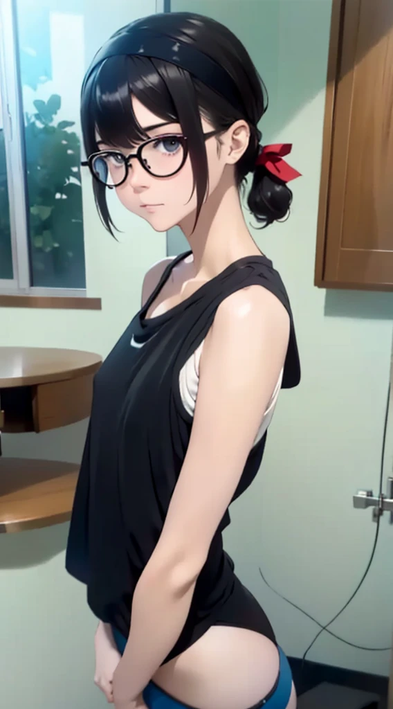 (masterpiece, Highest quality, It captures a very cute moment, Depth of written boundary, Super detailed, Ultra-high resolution, C4D, Octadale, 3D Modeling,Realistic human photos、 8K, 16K, One Girl,Middle school students, Small breasts,Black Hair,short hair,Straight Hair,Light brown eyes,White headband,Wearing black glasses,Cute face), Bloomers, Black tank top, zettai ryouiki, Wet clothes,Classroom Nights,Moonlight, Good elevator, Take off、Real-life skin、Not an anime、Realistic、Not an illustration