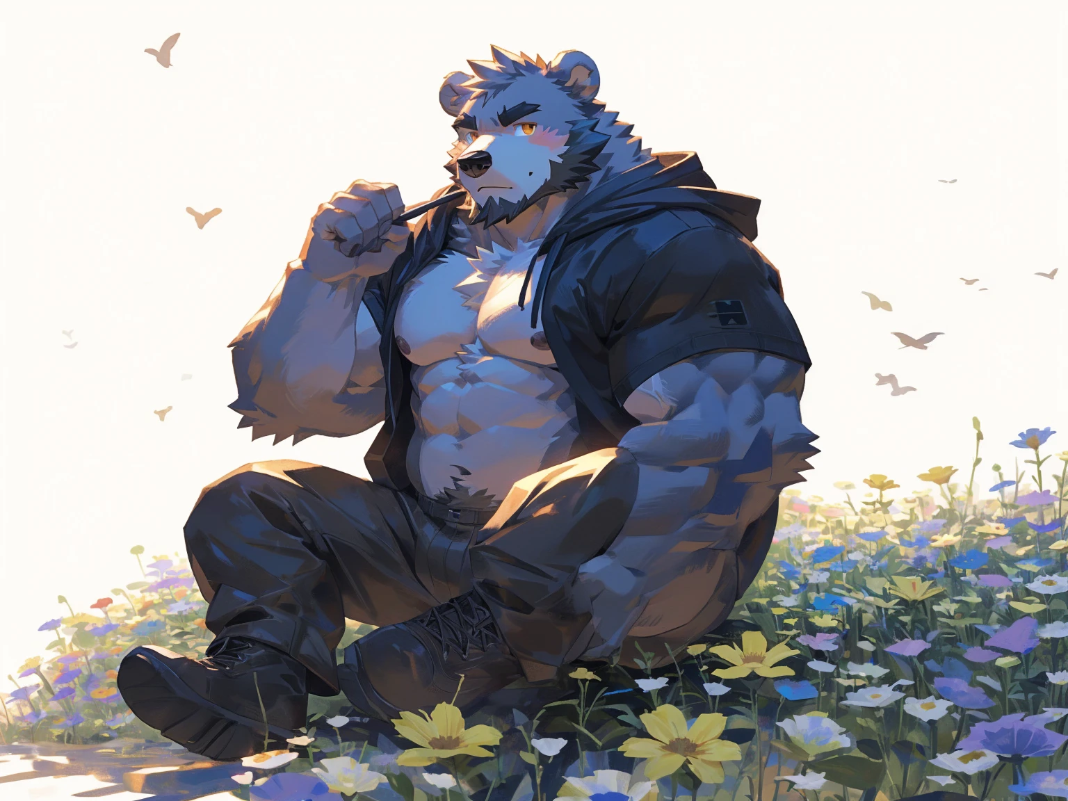 (masterpiece:1.2), best quality,pixiv,official art,perfect anatomy, (Ray tracing, light),solo, (1_male:1.3) , (muscle), (grey fur:1.4), (muscle bear), (beard:1.2), (gleaming golden eyes), bear tail, Thick black eyebrows, (open hoodie :1.3) , (naked inside:1.2), cargo pants,boots, portrait , (white background:1.3) , (flowers around:1.3)