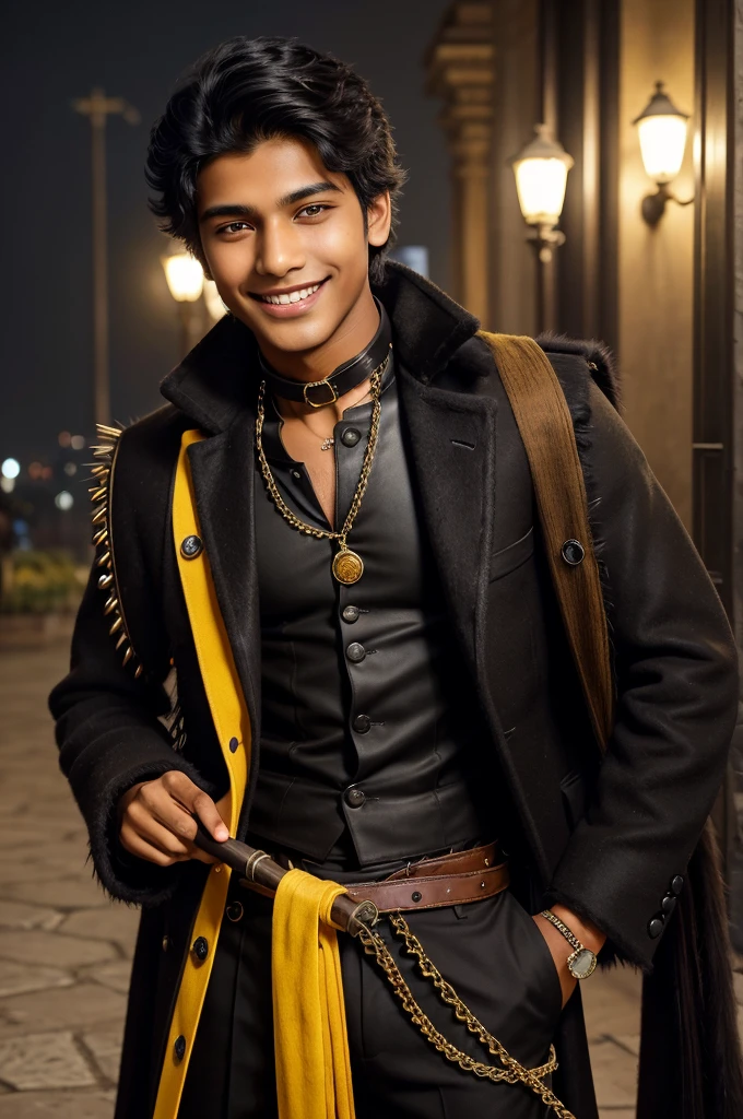 1 yong smile, teenager, Indian boy, young, aristocrat, black short hair with spikes, dark yellow vest, brown/black dusty disheveled coat, yellow eyes, collar around the neck, cane with mace tip, a huge German shepherd nearby, Black Style, easy going, Grinning, smile, torn coat