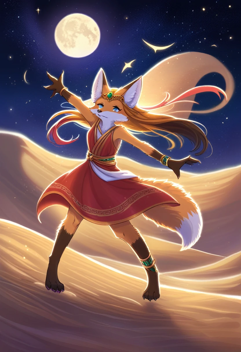 ((Masterpiece)), ((Best Quality)), (Very Detailed), ((Very Detailed)), 4K, (8K), very aesthetic, absurdres highres, 1girl, (anthropomorphic fox, furry, kemono:1.8), Princess of the desert country, Princess, desert, red dress, embroidery, tiara, jewelry, starry sky, dune, oasis, palm tree, adventure pose, energetic movement, sand reflection, star shine, hawk, sandstorm, desert serpent, full moon, ancient times ruins, silk texture, arm bracelet, ankle bracelet