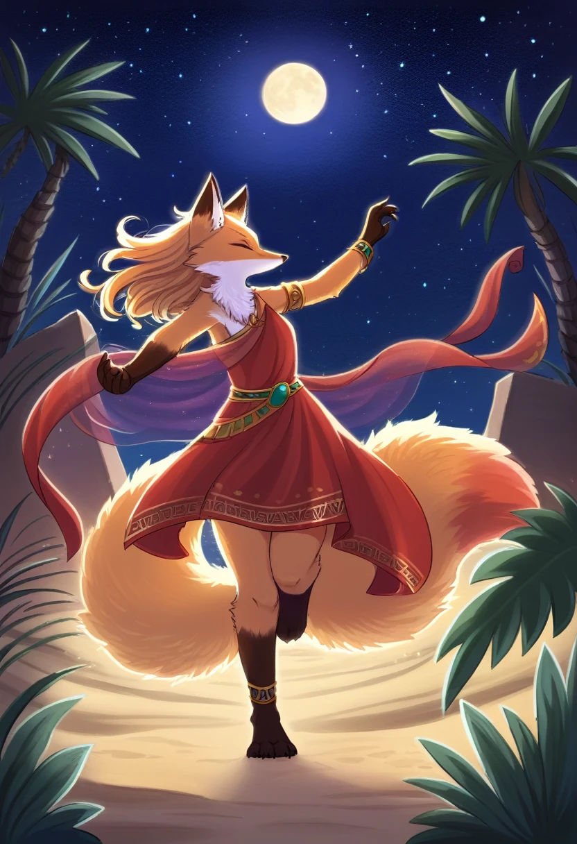 ((Masterpiece)), ((Best Quality)), (Very Detailed), ((Very Detailed)), 4K, (8K), very aesthetic, absurdres highres, 1girl, (anthropomorphic fox, furry, kemono:1.8), Princess of the desert country, Princess, desert, red dress, embroidery, tiara, jewelry, starry sky, dune, oasis, palm tree, adventure pose, energetic movement, sand reflection, star shine, hawk, sandstorm, desert serpent, full moon, ancient times ruins, silk texture, arm bracelet, ankle bracelet
