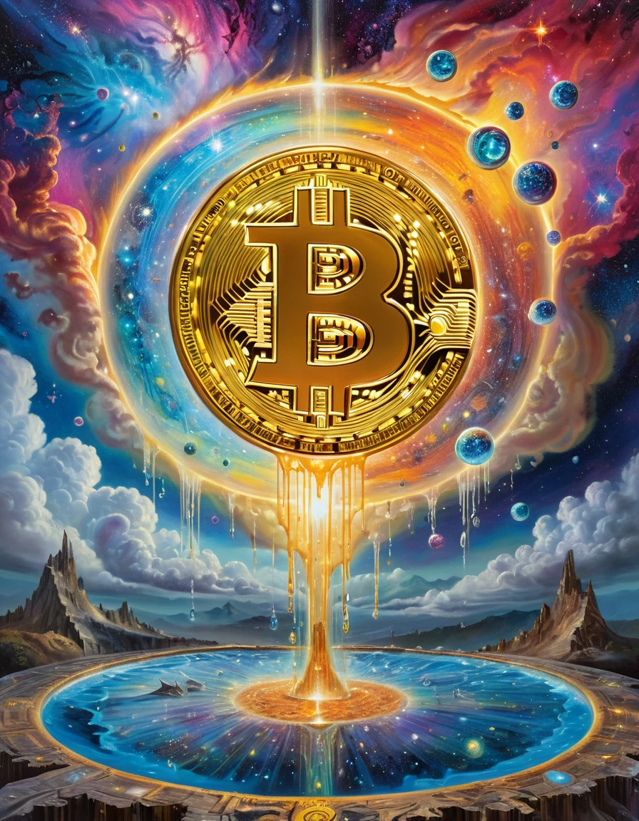 Nostalgic concept art piece expressing the human condition through an incredibly creative display of a giant Bitcoin as a galaxy made of glass galaxy crystals, its numbers dripping like tears into a pool of time into a Salvador Dali style painting, background is nebula sunlight shining through misty atmosphere around planet, beautiful, colorful, intricate,