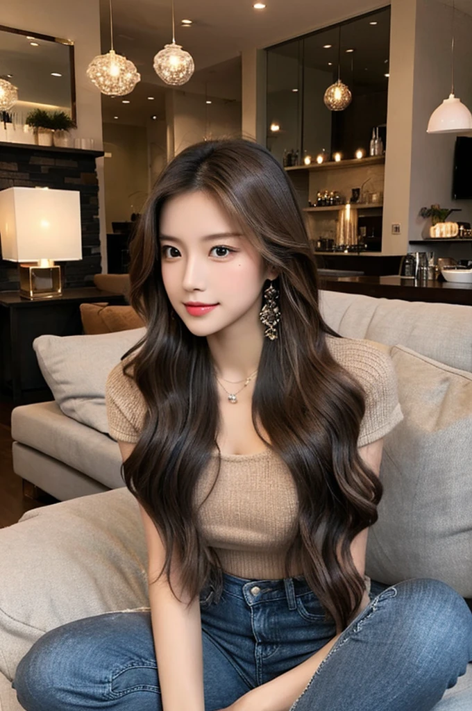 Generate an image of a stunning 20-year-old Asian woman with beauty akin to a goddess of the fire element. She has big brown eyes, dark brown hair, glowing skin, and an attractive appearance. She is wearing a beautiful top paired with blue skinny jeans. The woman is sitting sweetly on a living room sofa, her posture relaxed and inviting, surrounded by cozy and elegant decor.