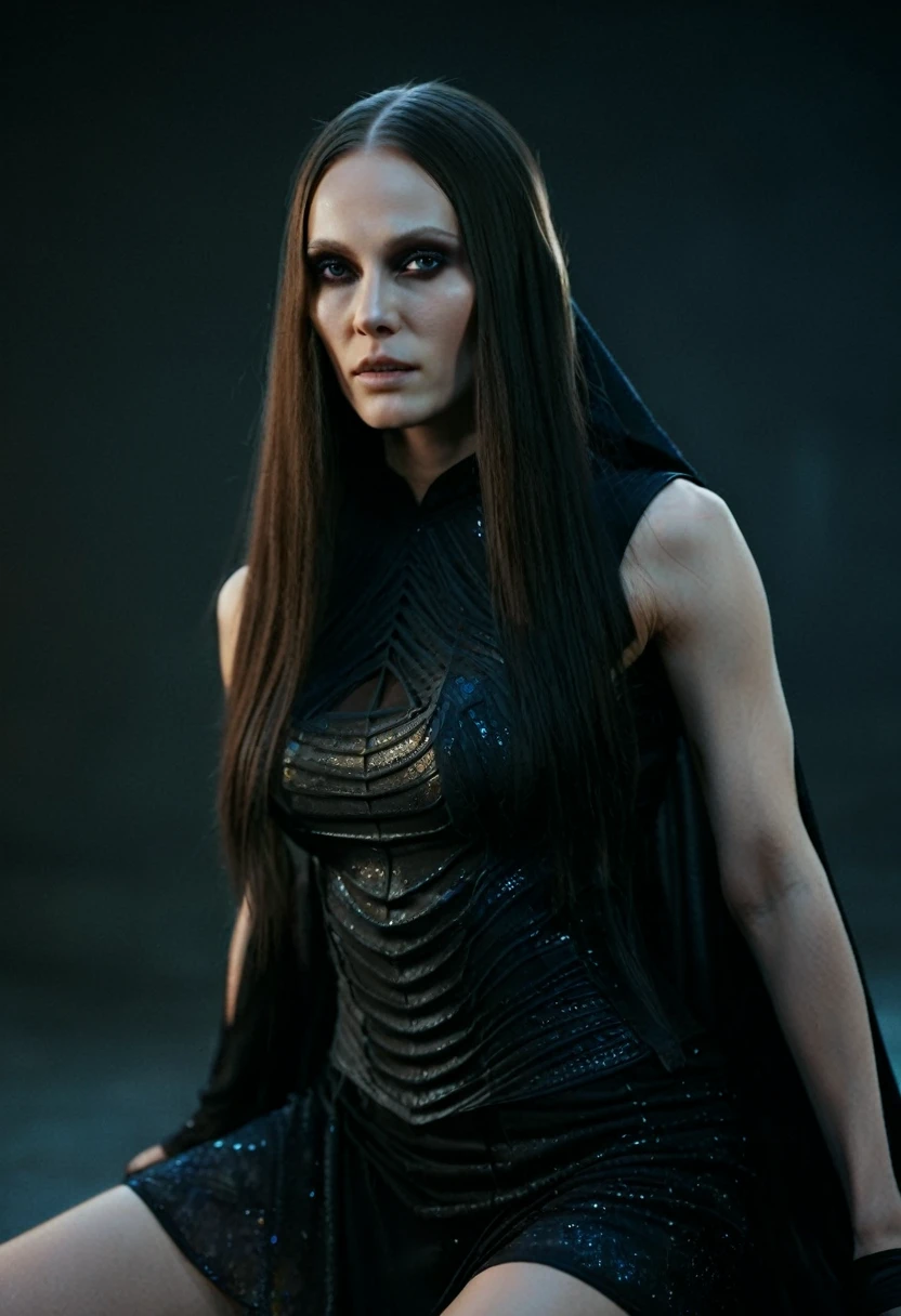 Fashionable of androgynous alien looking witch wearing veil, glowing eyes, beautiful evil slavic muscular woman, pale skin, long hair, futuristic design, minimal details, givenchy, photoreal, 200mm, hd, f/ 2.0, highly detailed, surreal, sitting, light smile, simple black stylish clothes, a slight smiledrop dead, in the style of red and blue, (intricate details, hyperdetailed:1.15) (skin texture:1.2), cinematic, professional, 4k, (((dynamic model pose))), sitting, full body, mesmerizing, dynamic, dramatic, sensual, dynamic pose, highly detailed skin with hair, subcutaneous veins, light and shadow play, highly detailed,24mm photograph, film, bokeh, professional, 4k,