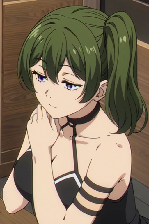 ((Best quality))),((Ultra-detailed)),((illustration)),((Disheveled hair)),((frilld)),(1 girl),(Solo),
1girl, armband, bandaged arm, bandages, bangs, bare shoulders, black background, black gloves, breasts, choker, closed mouth, collarbone, gloves, green hair, hair between eyes, halterneck, looking at viewer, purple eyes, short hair, solo, upper body, Squatting, knee hugging,Right side ponytail,