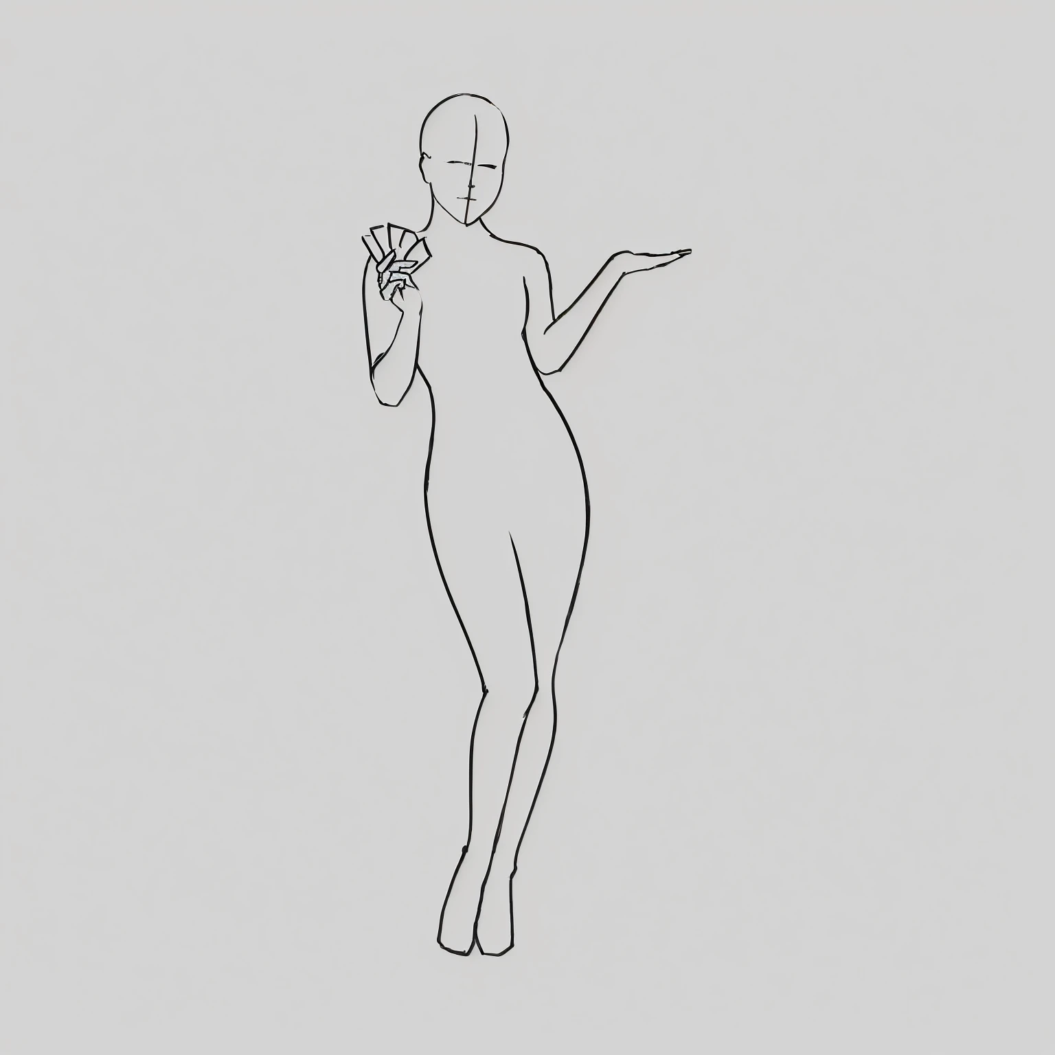 a drawing of a woman in a bodysuit holding a cell phone, serpentine pose gesture, pudica pose gesture, standing elegant pose, synthetic curves striking pose, sexy pudica pose gesture, neutral pose, 3 / 4 pose, t pose, gesture drawn, various pose, character posing, pose reference, dainty figure, full body with dynamic pose
