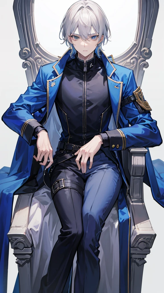 Create a tall gray haired boy looking forward with a scar wearing a blue jacket and sitting on a throne 