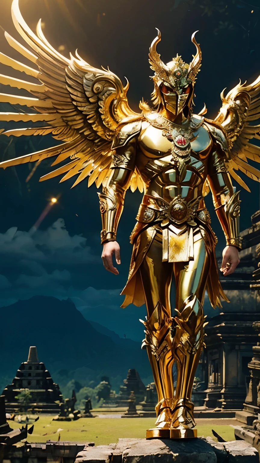 indonesian superhero A majestic superhero with an elaborate gold costume inspired by the Garuda bird, wearing battle mask, featuring large, radiant wings. He stands atop an ancient temple in the lush Indonesian rainforest, with the Borobudur temple visible in the distance.
Distinctive Traits: Traditional Indonesian attire, gold wings, tropical rainforest, ancient temples.