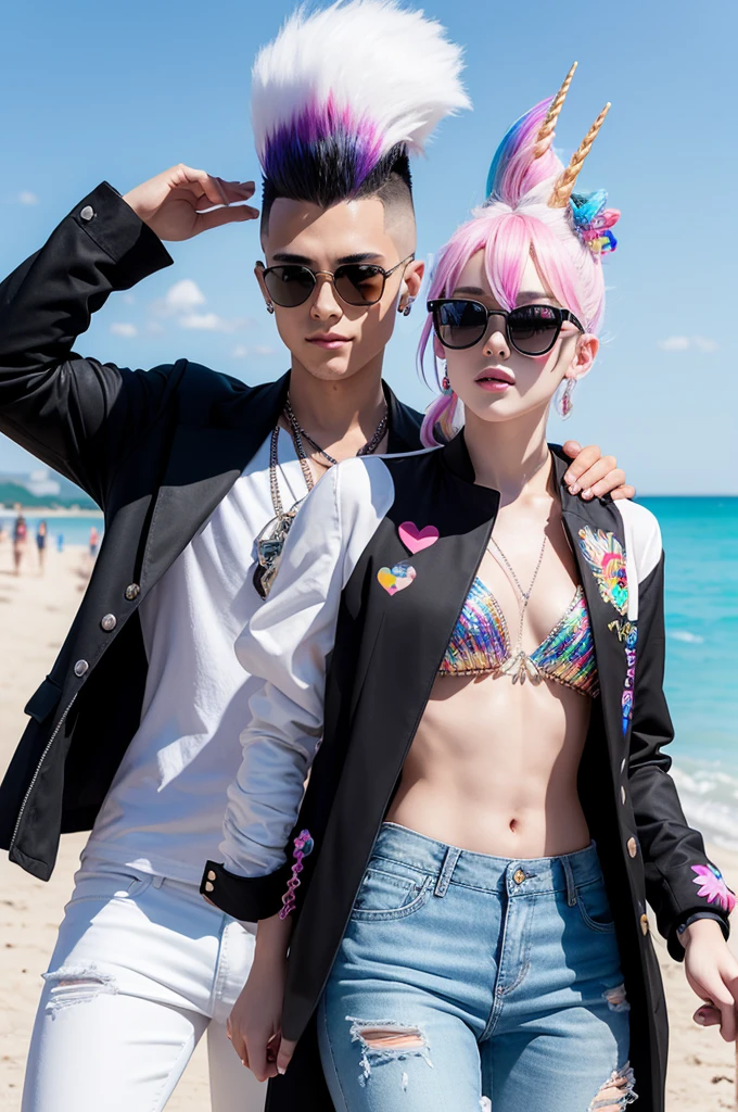 Young guy wearing black sunglasses on a shiny beach, has a unicorn float that has a mohawk and is using it, she is white with colorful features. He also wears a white top hat with the same colorful features., with confetti decoration. He wears a light blue jacket and black jeans..