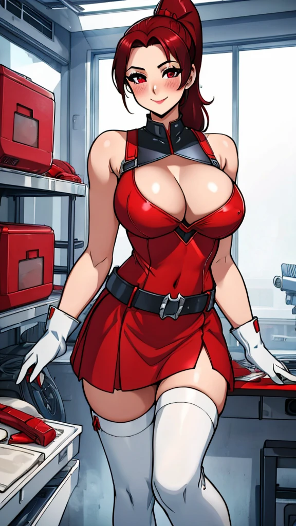 18 year old girl,baby face,dark red hair,Ponytail hairstyle,Zhangzui smile,Huge breasts,Cleavage,Transparent red sleeveless top,Leave space in the middle to reveal Cleavage,Soaked all over,blush,Red eyes,female spy,red miniskirt,White gloves,White hand sleeves,White boots,Science fiction,future,Inside the robot warehouse,robot driver,He has a pistol hanging from his waist,lipstick,Nipple showing,Metal belt around waist