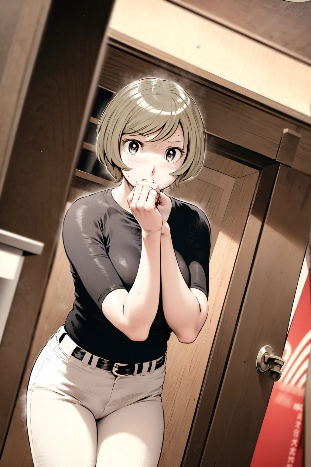 、(masterpiece、Highest quality)、Highest quality, Ultra-high resolution, (((masterpiece))), alone, Sweat、Big eyes,Tight black shirt、Tight white pants、belt、indoor、Composition from the front、（後ろCut your hair short、short hair、blonde、woman）、Shortcuts、Embarrassed face、Cut your hair short、可愛いwomanの子、Big Breasts、office