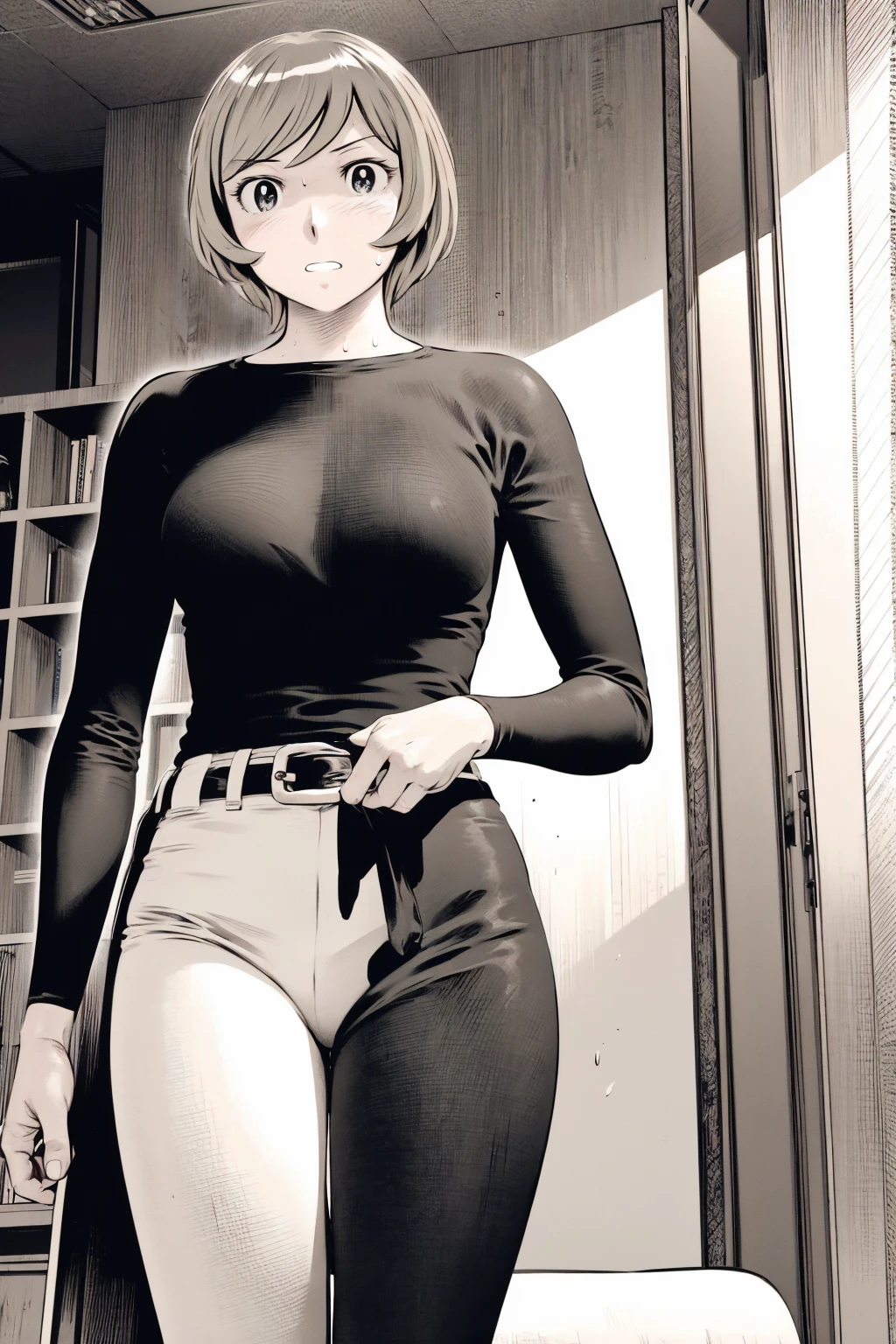 、(masterpiece、Highest quality)、Highest quality, Ultra-high resolution, (((masterpiece))), alone, Sweat、Big eyes,Tight black shirt、Tight white pants、belt、indoor、Composition from the front、(後ろCut your hair short、short hair、blonde、woman)、Shortcuts、Embarrassed face、Cut your hair short、可愛いwomanの子、Big Breasts、office