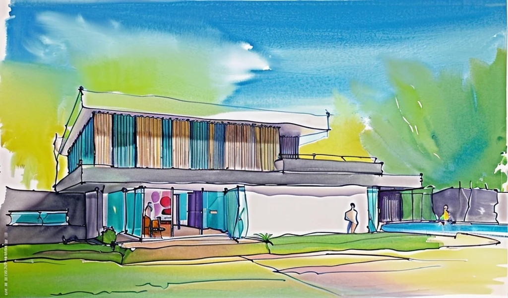MODERN HOUSE, A wide-angle shot shows the front view of a contemporary two-story villa with glass windows, surrounded by lush greenery. It features an outdoor pool area with natural light. Stone pathways lead to the swimming pool in the yard, adorned with vibrant plants, Taken on a Canon EOS R5, white wall, concrete, ((big front yard)), daylight, in the morning