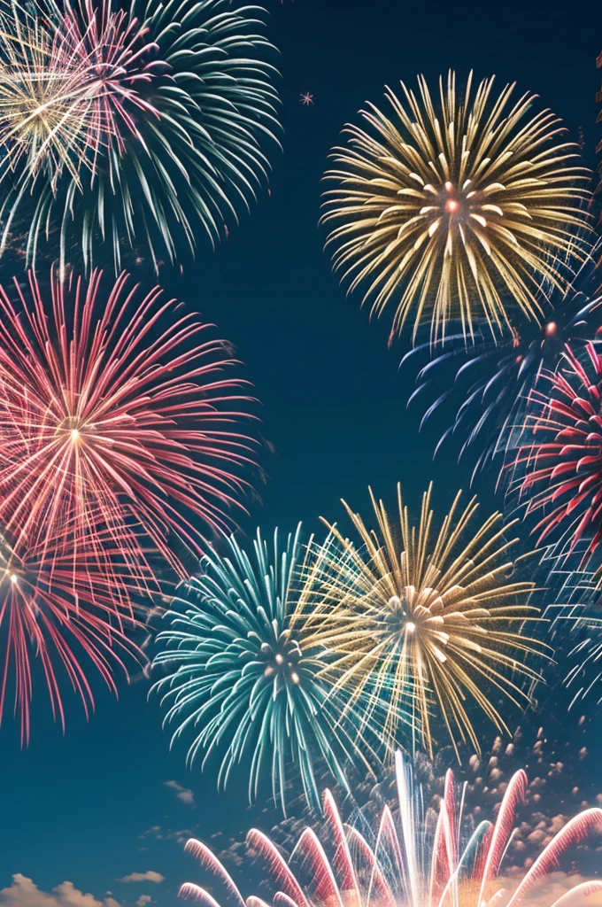 Image of a three-color flag: yellow blue red and fireworks in the sky1