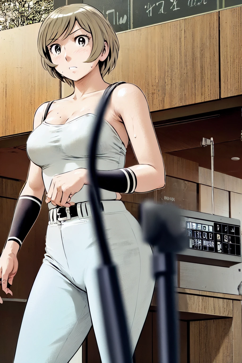 (Baseball uniforms:1.2),
blonde, (short hair:1.2),White trousers、Black belt、((Illustration of people))、Tube top bra、
View your viewers,, (Highest quality:1.3), White pants、Outdoor、baseball ground、ground、soil、blue eyeasterpiece、Highest quality)、Highest quality, Ultra-high resolution, (((masterpiece))), alone, Sweat、Big eyes、Large breasts、Torn clothes、 Fully exposed、Nipples、One Girl, Front view、Embarrassed face、Bronze colored hair、((short hair))、Stand up straight、Cowboy Shot