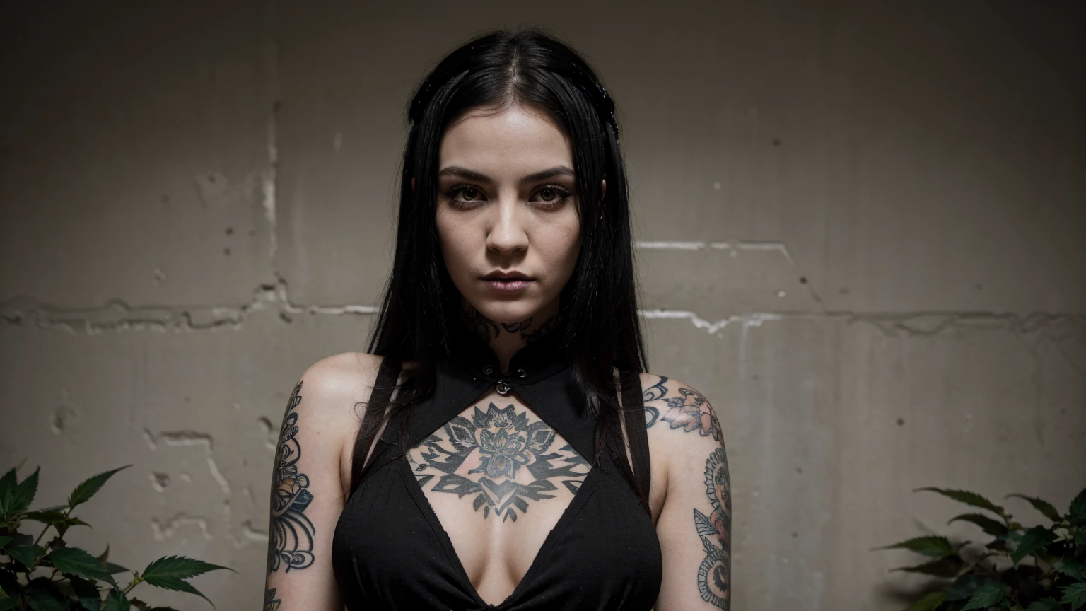 stylized artwork of soft filter. grunge filter. photorealistic. 8k. cinematic, very high resolution. maximum resolution. ultra realistic. unique beautiful face, realistic face, retro goth grunge photo ascetic. grunge city graffiti wall, sexy, tattooed, black hair, teen cute sexy goth girl, in marijuana plants buds crop, skimpy cheongsam