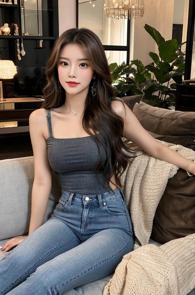 Generate an image of a stunning 20-year-old Asian woman with beauty akin to a goddess of the fire element. She has big brown eyes, dark brown hair, glowing skin, and an attractive appearance. She is wearing a beautiful top paired with blue skinny jeans. The woman is sitting sweetly on a living room sofa, her posture relaxed and inviting, surrounded by cozy and elegant decor.