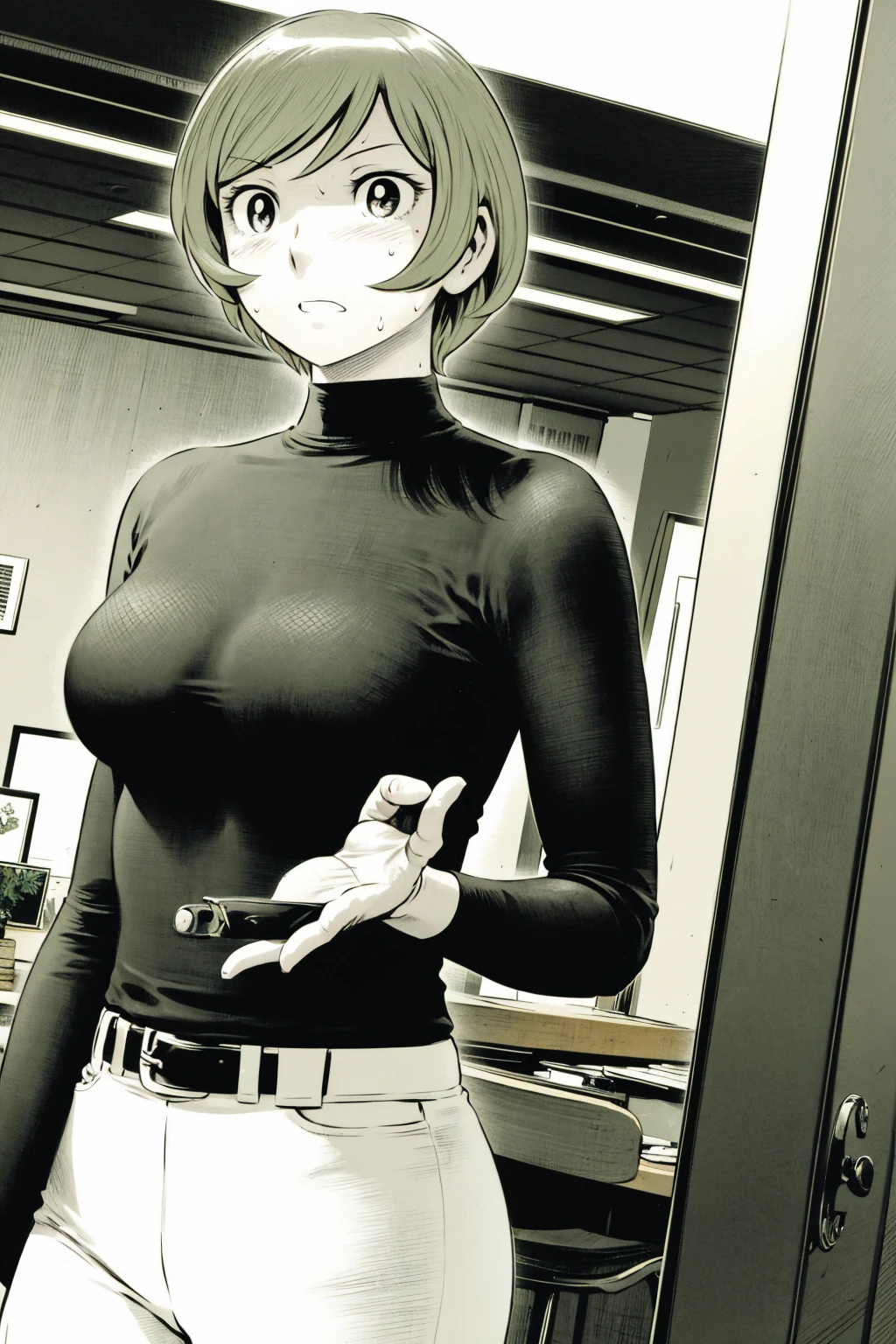 、(masterpiece、Highest quality)、Highest quality, Ultra-high resolution, (((masterpiece))), alone, Sweat、Big eyes,Tight black shirt、Tight white pants、belt、indoor、Composition from the front、(後ろCut your hair short、short hair、blonde、woman)、Shortcuts、Embarrassed face、Cut your hair short、可愛いwomanの子、Big Breasts、office