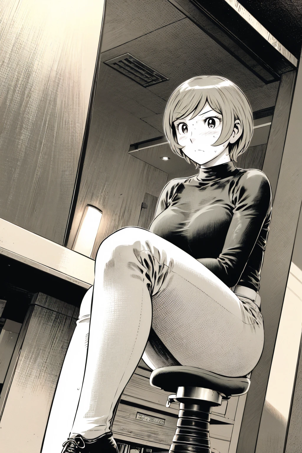 、(masterpiece、Highest quality)、Highest quality, Ultra-high resolution, (((masterpiece))), alone, Sweat、Big eyes,Tight black shirt、Tight white pants、belt、indoor、Composition from the front、（後ろCut your hair short、short hair、blonde、woman）、Shortcuts、Embarrassed face、Cut your hair short、可愛いwomanの子、Big Breasts、office