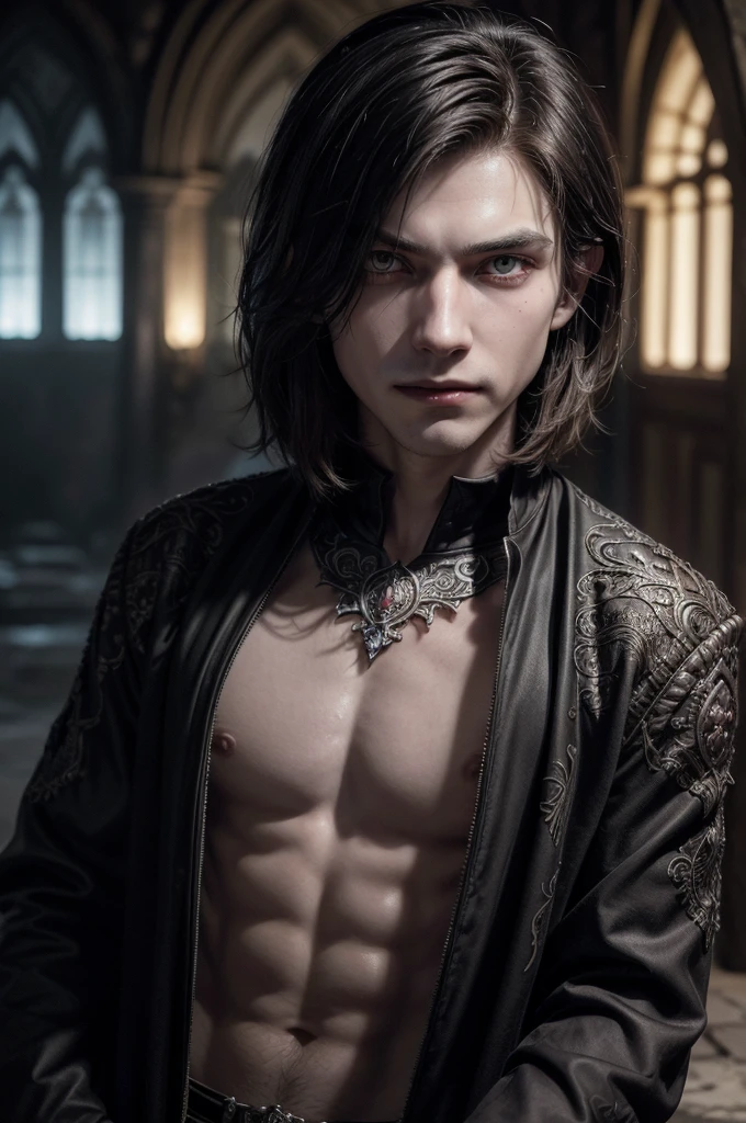 (work of art, best qualityer, high resolution, high resolution:1.2, cowboy shot, castelovania lords of shadow, extremely detaild, realisitic, intricate details, (1 young boy, mascle:1.4), manly, vampyre:1.5, ((evil smile)), very long canines, Vampire dams, bloody and sharp teeth, (extremely pale skinned mascle), (eerie glowing red eyes), standing alone, gazing at viewer, afraid por zarovich, (blackw) shorth hair, LnF \(animal\), white fog, dark atmospher, horor, fearow, (ilLnFinação cinematográfica, blossom, VolLnFétrico), (realisitic skin texture), extremely detaild, intricate, hyper detailled, illustration, high resolution, sharp detail,
