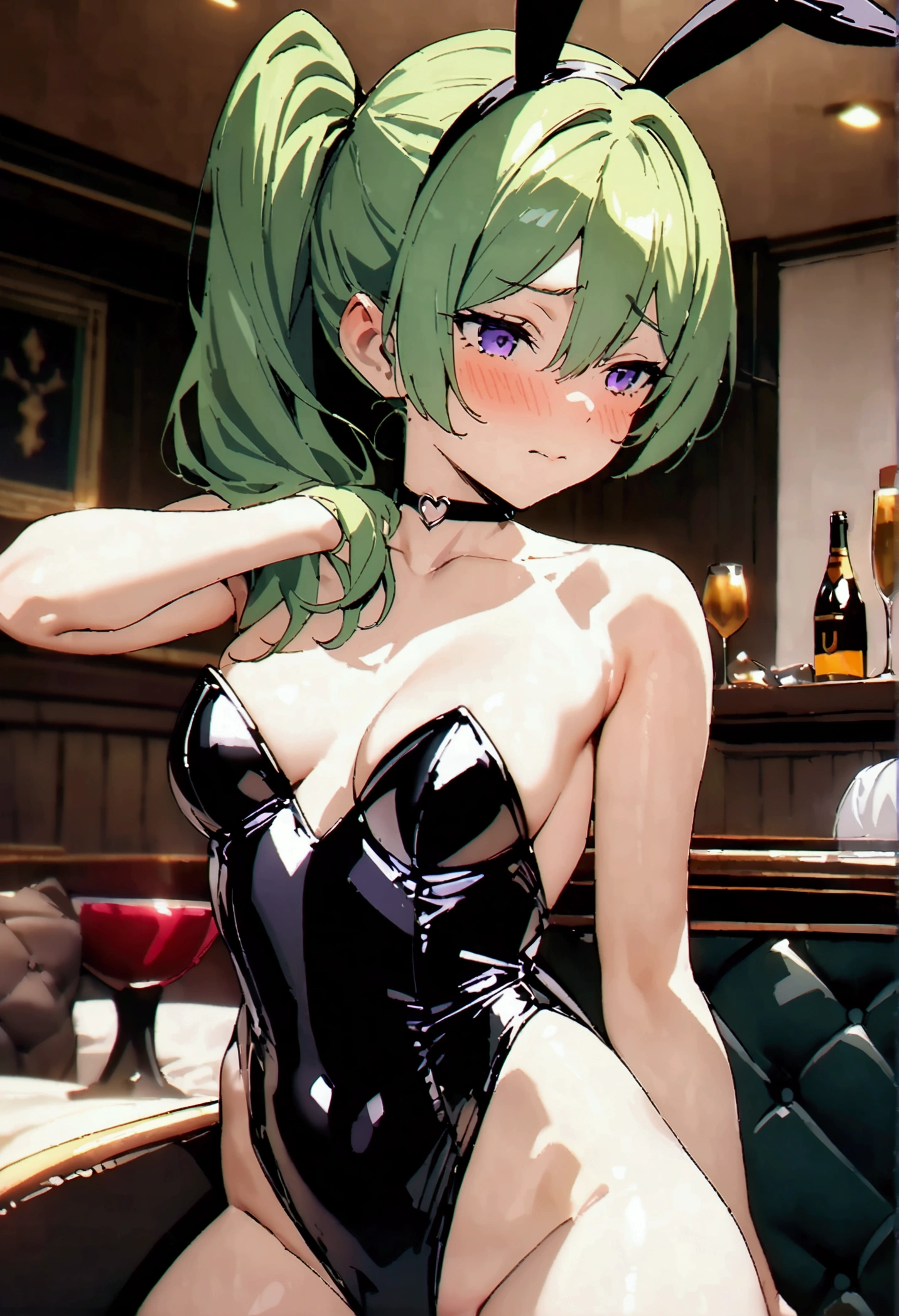 NSFW,masterpiece,Highest quality,High resolution,Super detailed,Uber\(Funeral of Frieren\),Green Hair、bangs、Hair between the eyes、Side Ponytail、Purple Eyes、choker、Playboy Bunny,clavicle,Embarrassed,blush,Luxurious Room,pub,Private room,sofa,heart,Sexy pose,(Noble men),Being spoiled,Lean on,Hug in arms