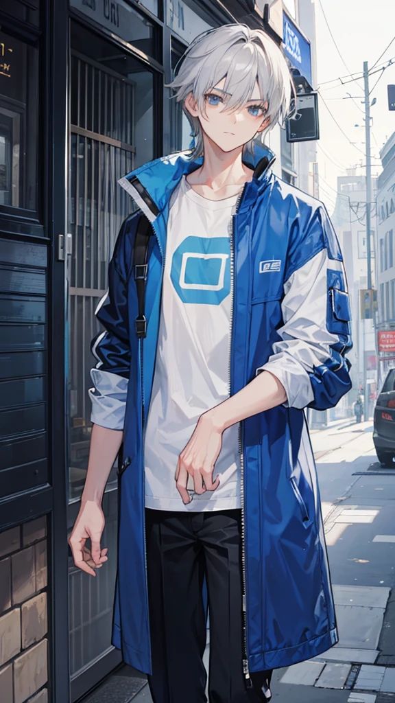 Create a tall gray-haired boy looking forward with a scar in a blue jacket