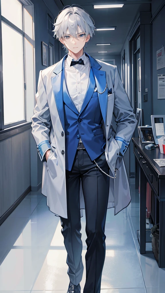 Create a tall gray-haired boy looking forward with a scar in a blue jacket 