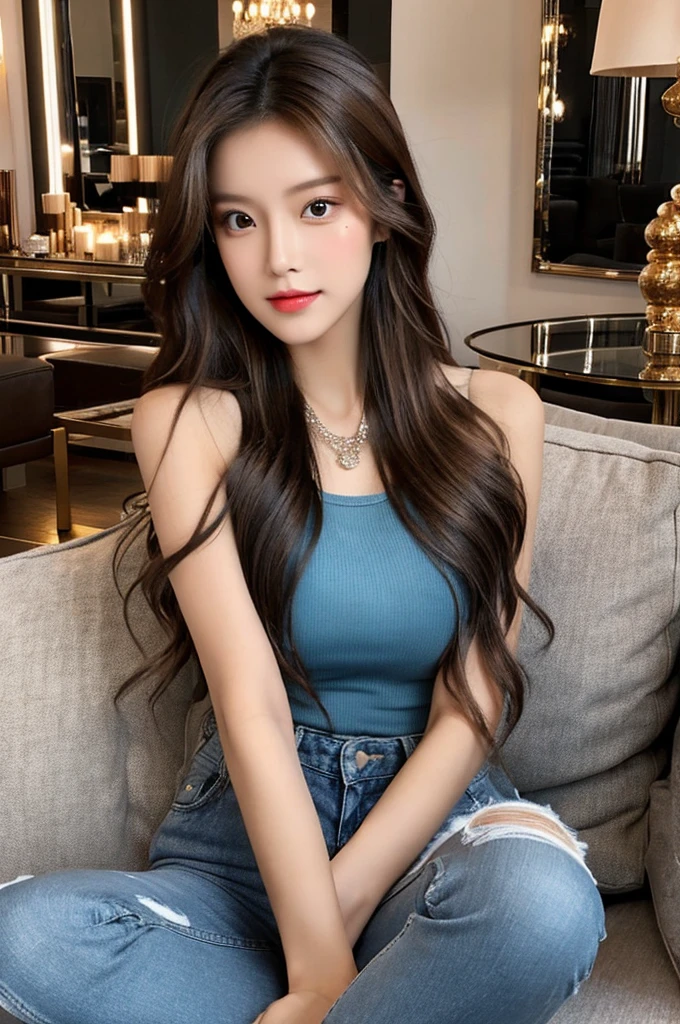 Generate an image of a stunning 20-year-old Asian woman with beauty akin to a goddess of the fire element. She has big brown eyes, dark brown hair, glowing skin, and an attractive appearance. She is wearing a beautiful top paired with blue skinny jeans. The woman is sitting sweetly on a living room sofa, her posture relaxed and inviting, surrounded by cozy and elegant decor.