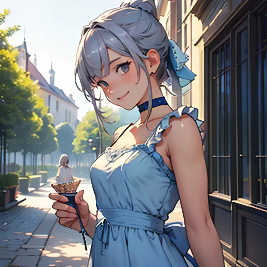 A quiet and beautiful girl with her grey hair tied up。Smiling timidly in a frilly blue dress。Hand holding crepe in the background European garden、Depiction of only the upper body、Oblique angle