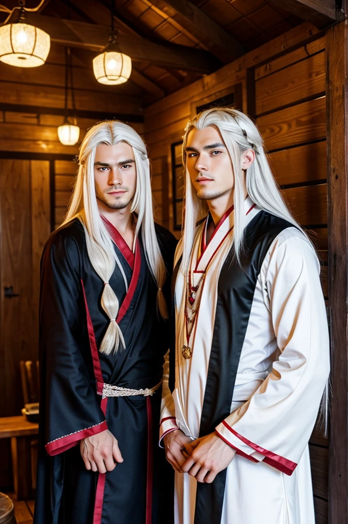  Anime A young man with long white hair in his traditional costume is with his boyfriend who is a warrior, he is very handsome, black haired, they are in a cabin 
