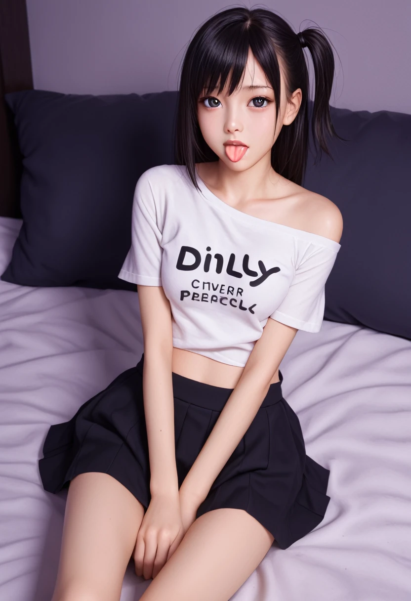 pastel colors t-shirt,off-shoulder look,bare shoulder,ollarbone,midriff peek,Tight mini skirt,(open mouth:1.5),(tongue out:2),lying,arms between legs,overhead shot,front view,face focus,(1girl,Beautiful 14 year old girl),((Slender,Small breasts,Small face,)),(looking at viewer),Black Hair,bangs,one side up,Beautiful and detailed,(Dimly lit room:1.5),Black bed,pillow,Mischievous lol,Low lighting