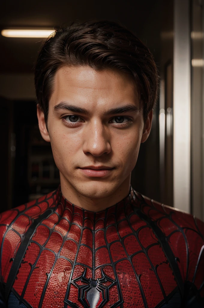 A photograph of spider man, no mask, 20 yo, handsome, detailed face, looking at camera, portrait, 8k uhd, high quality