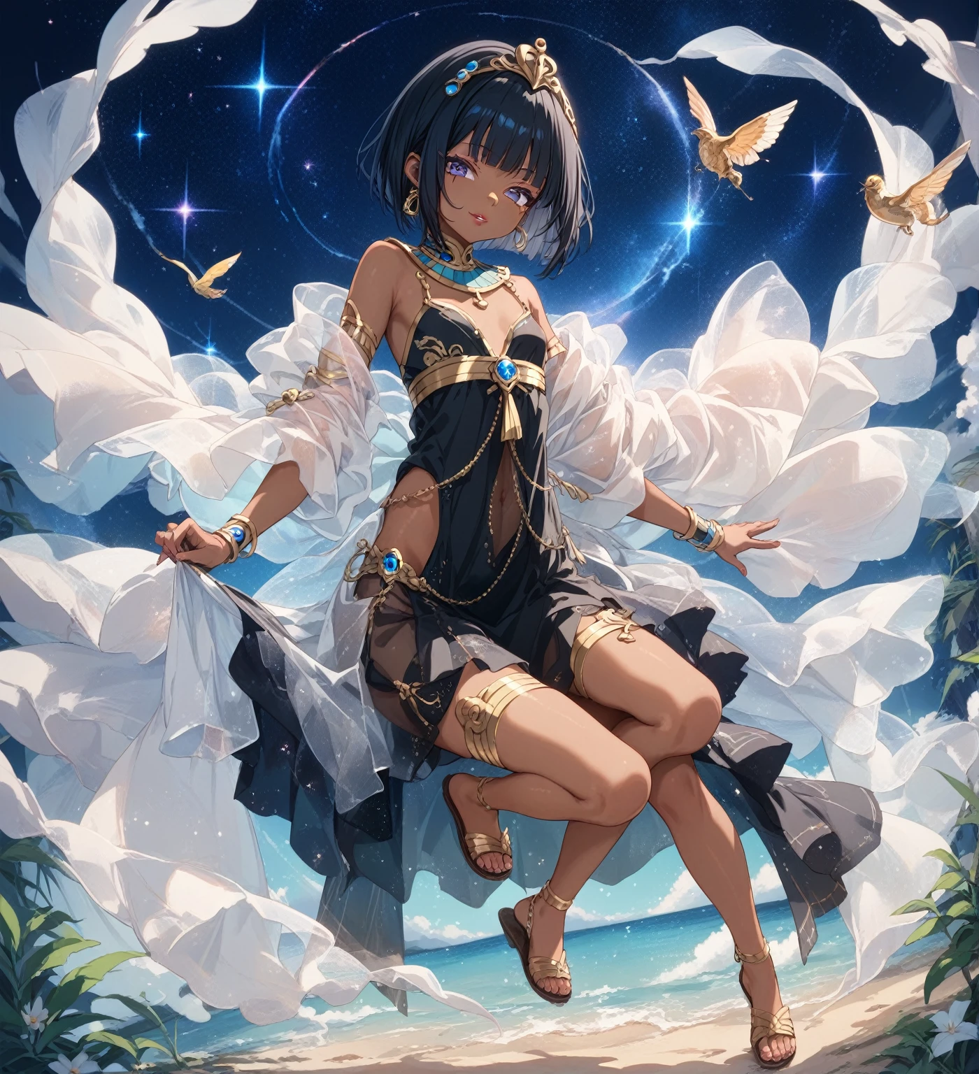 BREAK Perfect Anatomy、(High resolution:1.2)、Incredible illustrations、(Cute illustrations:1.2)、 （Beautiful background,starry skies) 1girl(Black hair, short cut, princess cut, eye shadow, lipstick(dark skin:1.8))

Osiris robe, see-through shawl, sandals(egyptian priest)