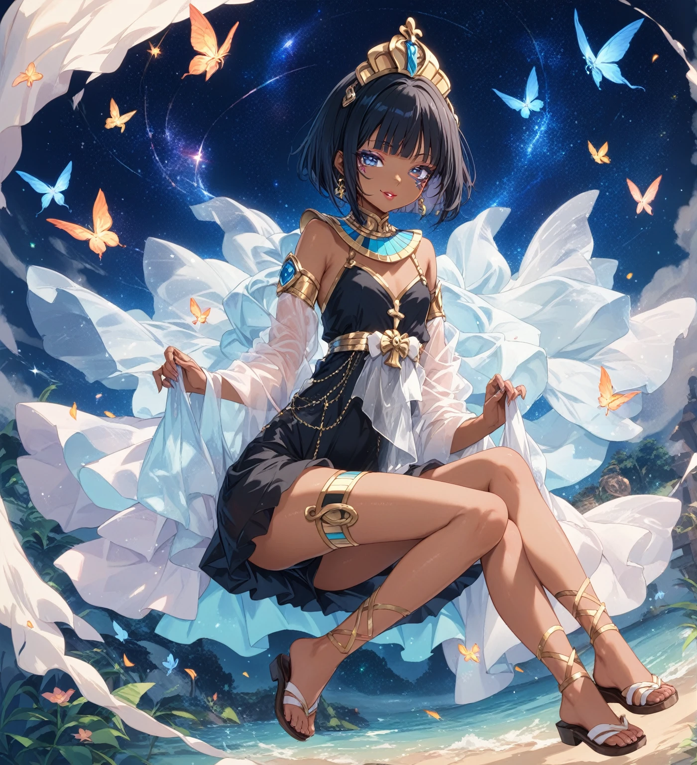 BREAK Perfect Anatomy、(High resolution:1.2)、Incredible illustrations、(Cute illustrations:1.2)、 (Beautiful background,starry skies) 1girl(Black hair, short cut, princess cut, eye shadow, lipstick(dark skin:1.8))
Osiris robe, see-through shawl, sandals(egyptian priest)