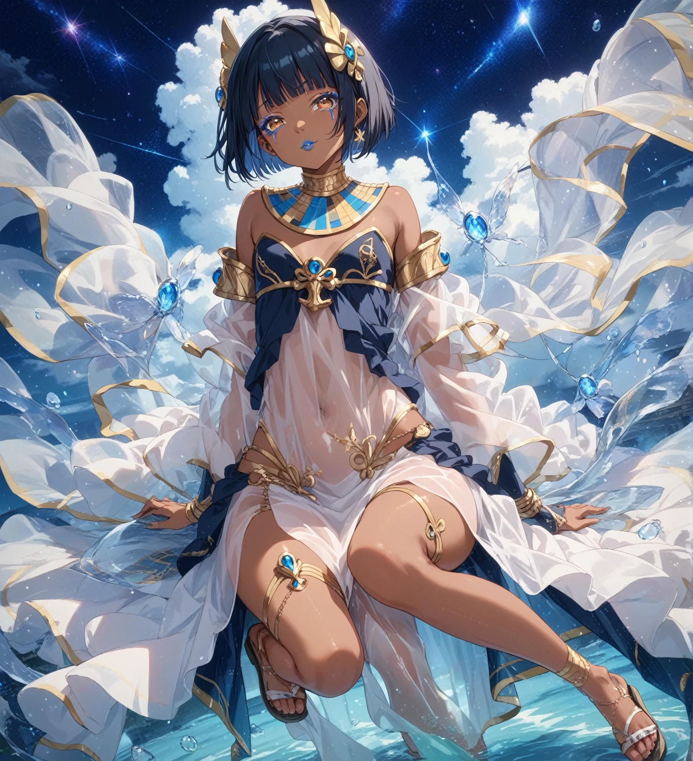 BREAK Perfect Anatomy、(High resolution:1.2)、Incredible illustrations、(Cute illustrations:1.2)、 （Beautiful background,starry skies) 1girl(Black hair, short cut, princess cut, eye shadow, lipstick(dark skin:1.8))

Osiris robe, see-through shawl, sandals(egyptian priest)