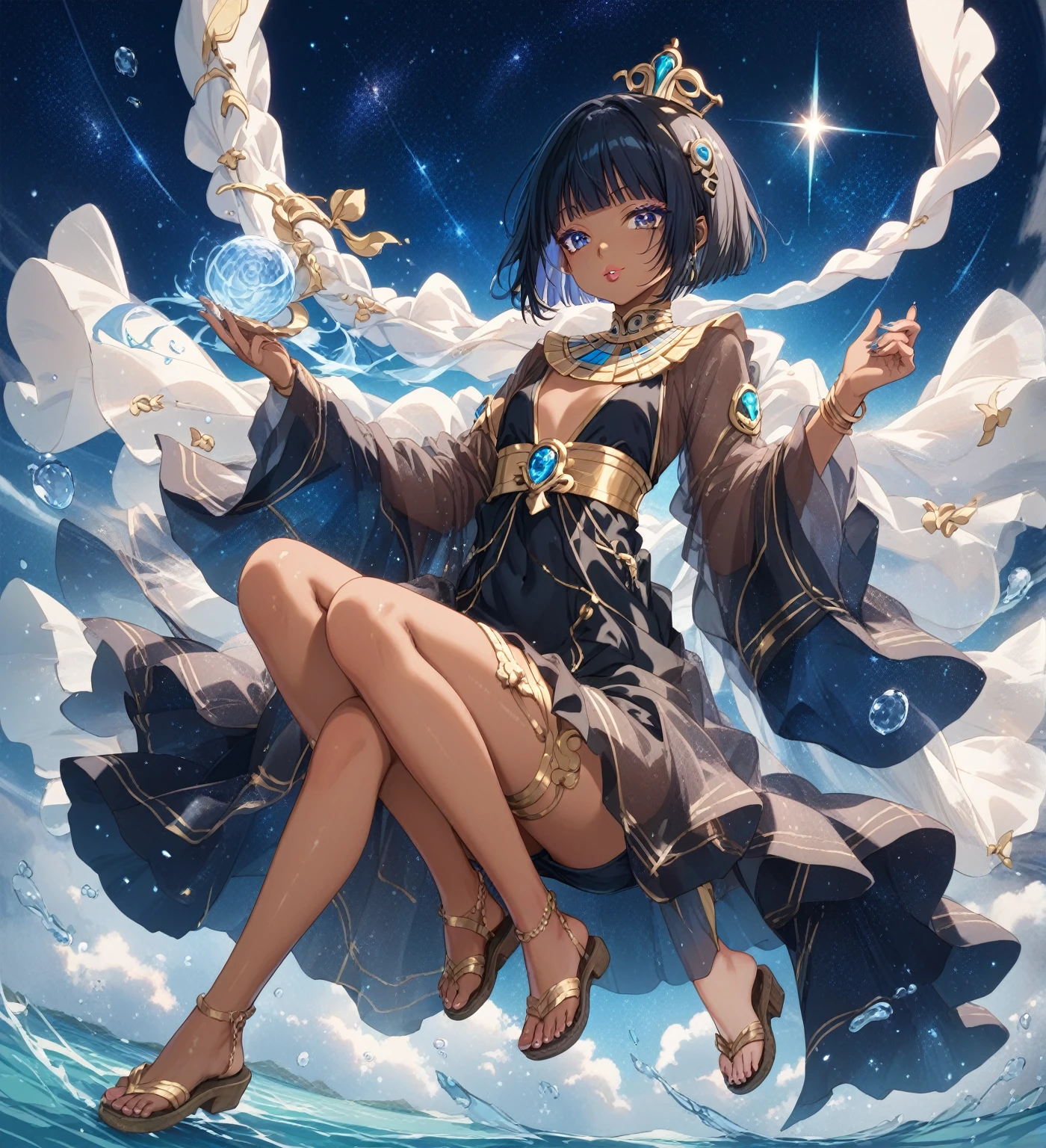 BREAK Perfect Anatomy、(High resolution:1.2)、Incredible illustrations、(Cute illustrations:1.2)、 (Beautiful background,starry skies) 1girl(Black hair, short cut, princess cut, eye shadow, lipstick(dark skin:1.8))
Osiris robe, see-through shawl, sandals(egyptian priest)