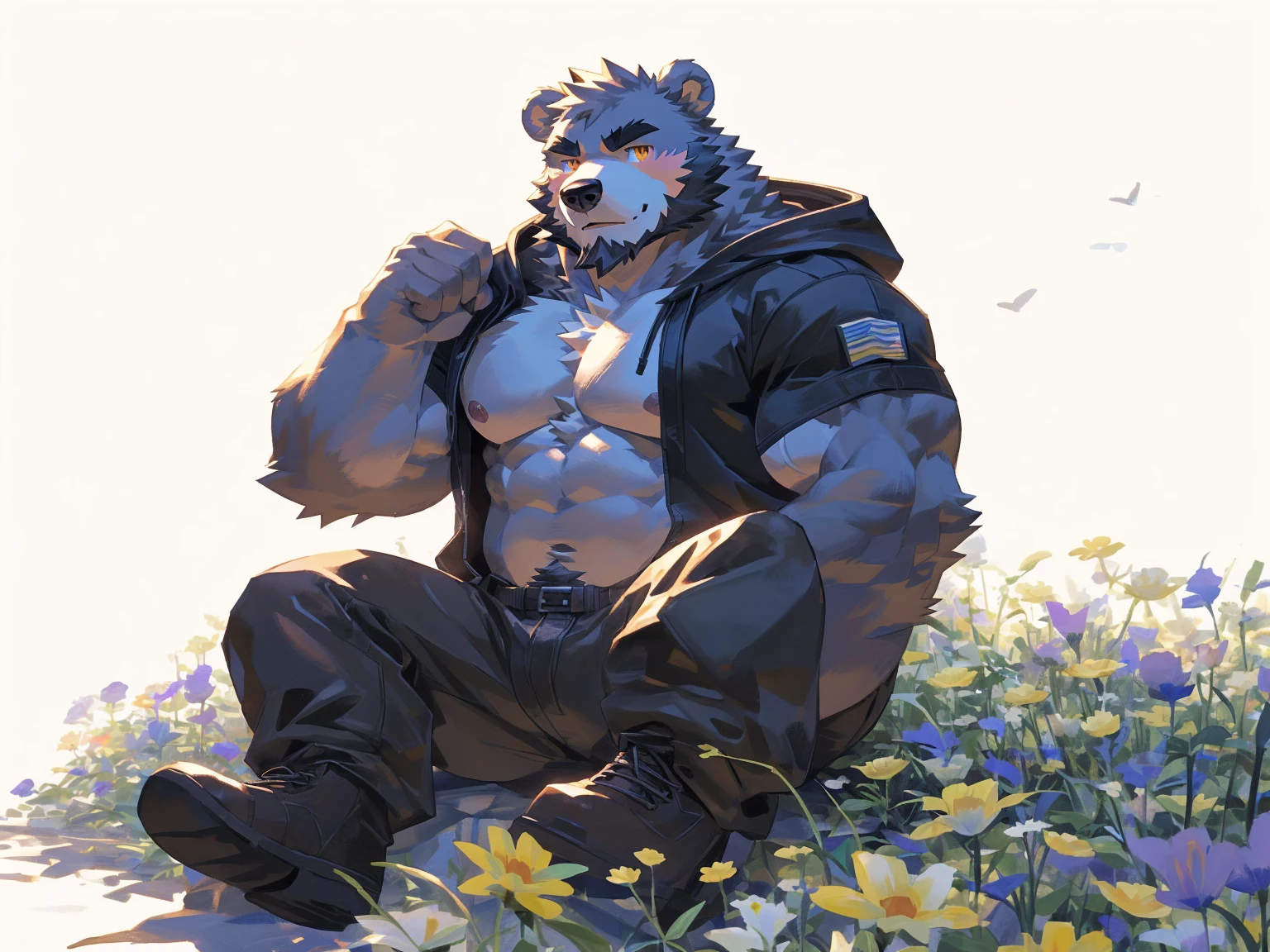 (masterpiece:1.2), best quality,pixiv,official art,perfect anatomy, (Ray tracing, light),solo, (1_male:1.3) , (muscle), (grey fur:1.4), (muscle bear), (beard:1.2), (gleaming golden eyes), bear tail, Thick black eyebrows, (open hoodie :1.3) , (naked inside:1.2), cargo pants,boots, portrait , (white background:1.3) , (flowers around:1.3)