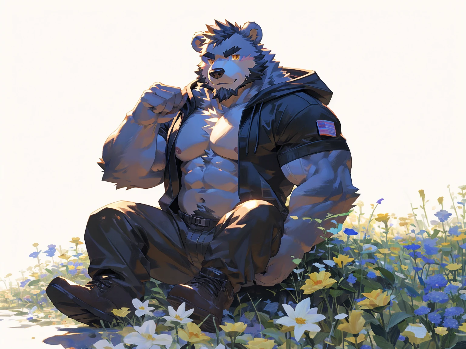 (masterpiece:1.2), best quality,pixiv,official art,perfect anatomy, (Ray tracing, light),solo, (1_male:1.3) , (muscle), (grey fur:1.4), (muscle bear), (beard:1.2), (gleaming golden eyes), bear tail, Thick black eyebrows, (open hoodie :1.3) , (naked inside:1.2), cargo pants,boots, portrait , (white background:1.3) , (flowers around:1.3)