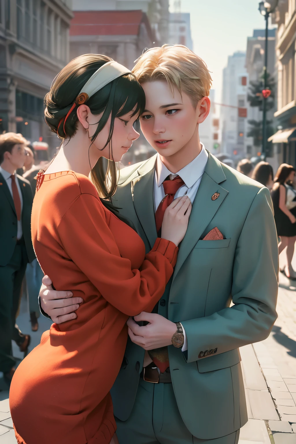 (realistic, photo-realistic:1.4), (masterpiece, best quality:1.2), high resolution, intricate details, extremely detailed, realistic and sharp details, couple, hetero, (1girl, hairband, red sweater minidress), (1boy wearing business suit, light green suit), couple hugging each other, (kissing:1.2), photo background, outdoors,